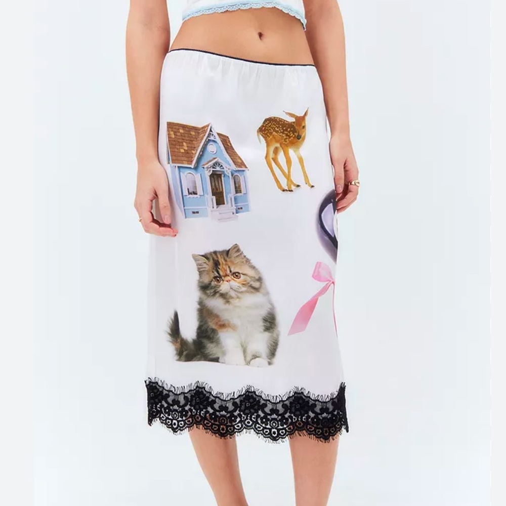 Basic Pleasure Mode Quirky Print Satin Lace Midi Skirt
